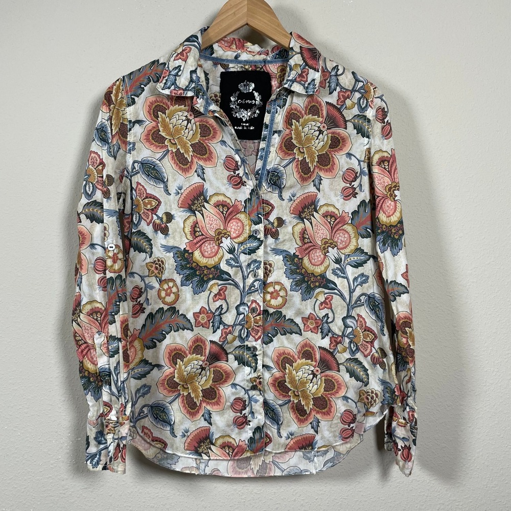 Cino Button Down‎ Shirt Womens Small Multicolor Earthy Floral Boho Long Sleeve